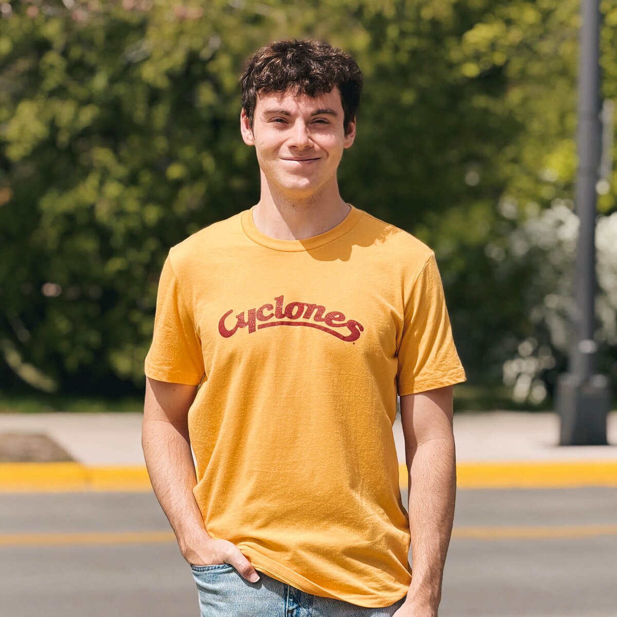 Charlie Hustle Cyclones Script Tailgate Scene Gold Short Sleeve T-shirt front